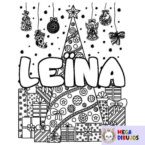Coloraci&oacute;n del nombre LE&Iuml;NA - decorado &aacute;rbol de Navidad y regalos