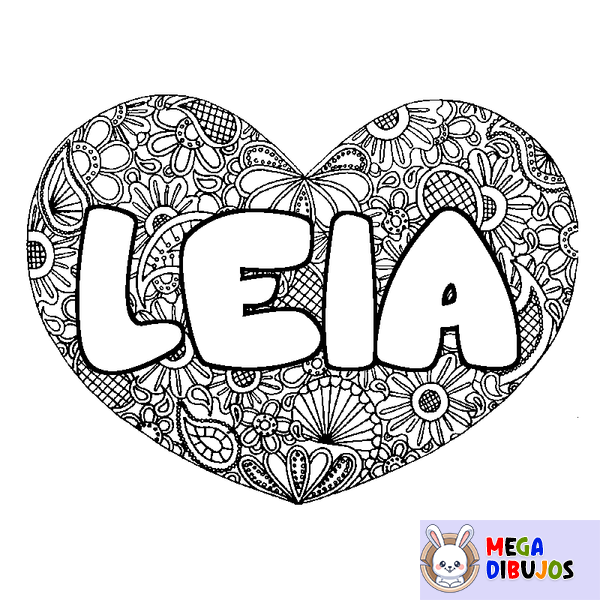 Coloraci&oacute;n del nombre LEIA - decorado mandala de coraz&oacute;n