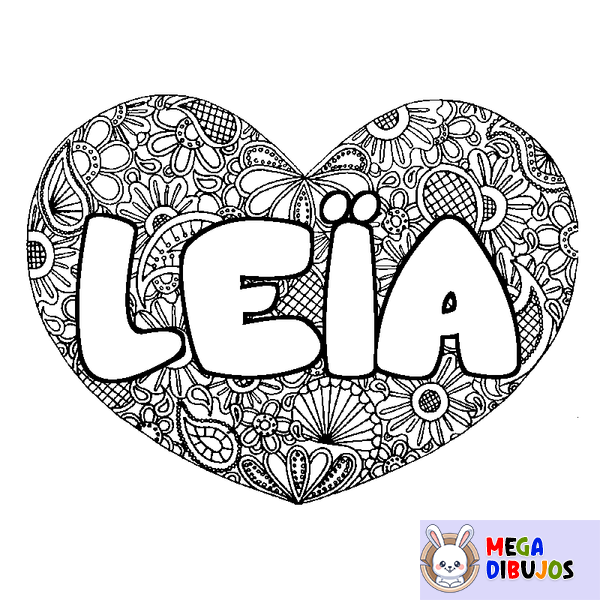 Coloraci&oacute;n del nombre LE&Iuml;A - decorado mandala de coraz&oacute;n