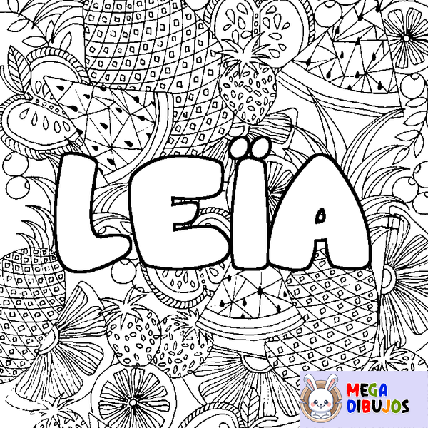 Coloraci&oacute;n del nombre LE&Iuml;A - decorado mandala de frutas