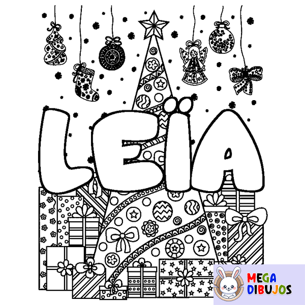 Coloraci&oacute;n del nombre LE&Iuml;A - decorado &aacute;rbol de Navidad y regalos