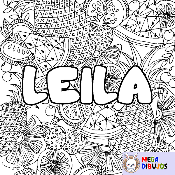 Coloraci&oacute;n del nombre LEILA - decorado mandala de frutas