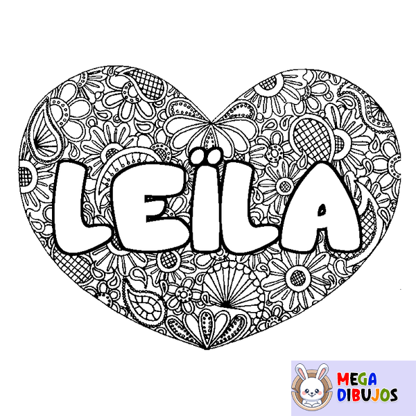 Coloraci&oacute;n del nombre LE&Iuml;LA - decorado mandala de coraz&oacute;n