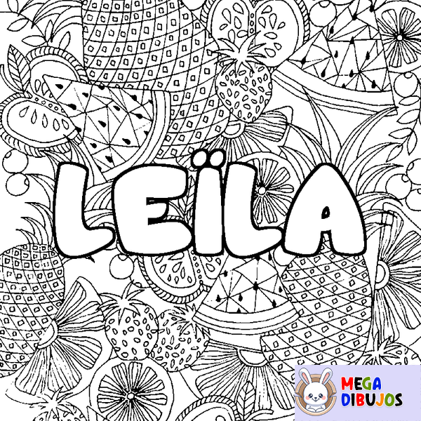 Coloraci&oacute;n del nombre LE&Iuml;LA - decorado mandala de frutas