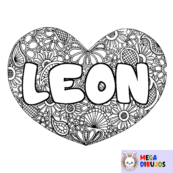 Coloraci&oacute;n del nombre LEON - decorado mandala de coraz&oacute;n