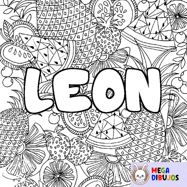 Coloraci&oacute;n del nombre LEON - decorado mandala de frutas