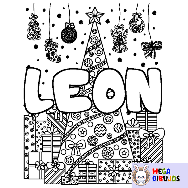 Coloraci&oacute;n del nombre LEON - decorado &aacute;rbol de Navidad y regalos