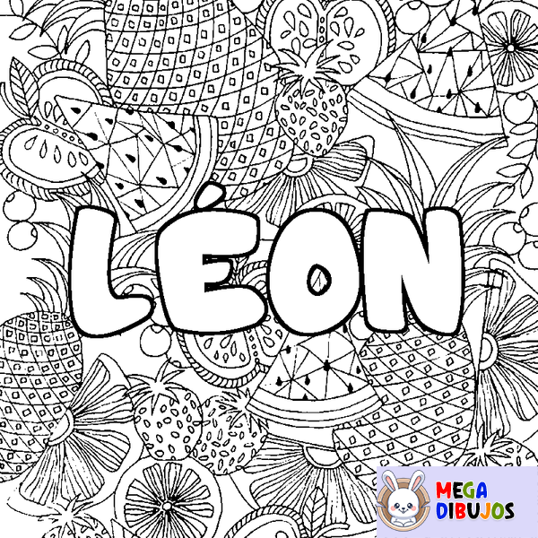 Coloraci&oacute;n del nombre L&Eacute;ON - decorado mandala de frutas
