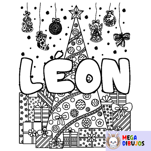Coloraci&oacute;n del nombre L&Eacute;ON - decorado &aacute;rbol de Navidad y regalos
