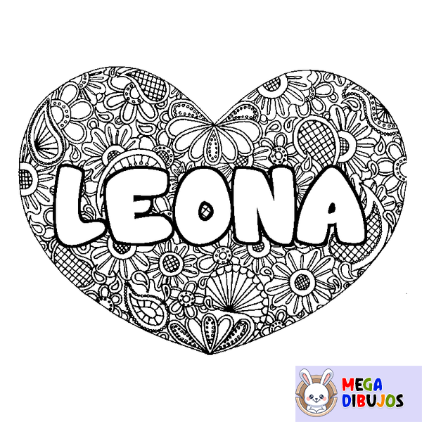 Coloraci&oacute;n del nombre LEONA - decorado mandala de coraz&oacute;n