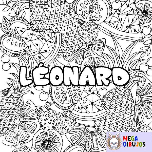 Coloraci&oacute;n del nombre L&Eacute;ONARD - decorado mandala de frutas