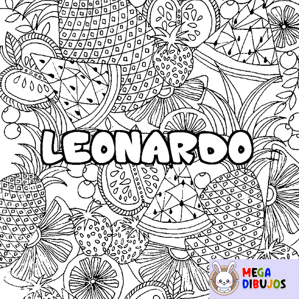 Coloraci&oacute;n del nombre LEONARDO - decorado mandala de frutas