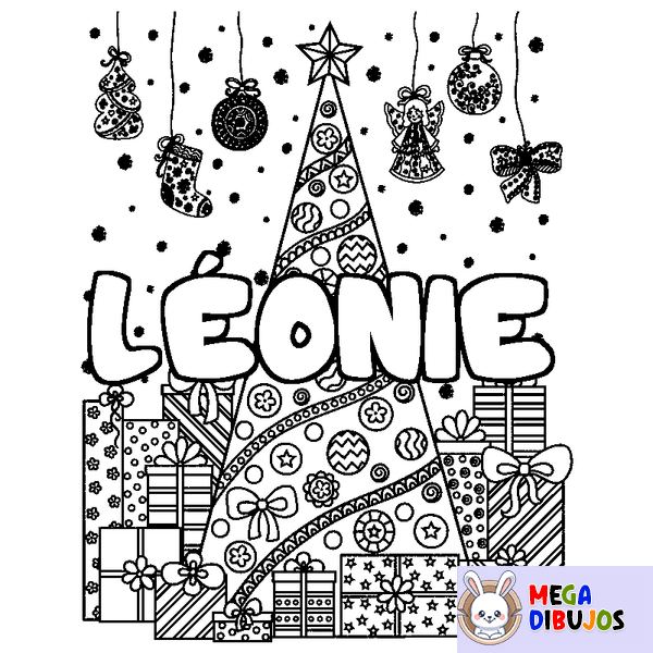 Coloraci&oacute;n del nombre L&Eacute;ONIE - decorado &aacute;rbol de Navidad y regalos