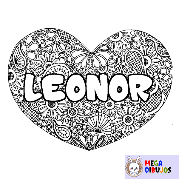 Coloraci&oacute;n del nombre LEONOR - decorado mandala de coraz&oacute;n