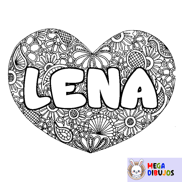 Coloraci&oacute;n del nombre LENA - decorado mandala de coraz&oacute;n