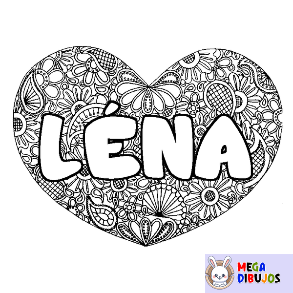 Coloraci&oacute;n del nombre L&Eacute;NA - decorado mandala de coraz&oacute;n