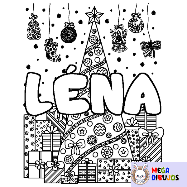 Coloraci&oacute;n del nombre L&Eacute;NA - decorado &aacute;rbol de Navidad y regalos