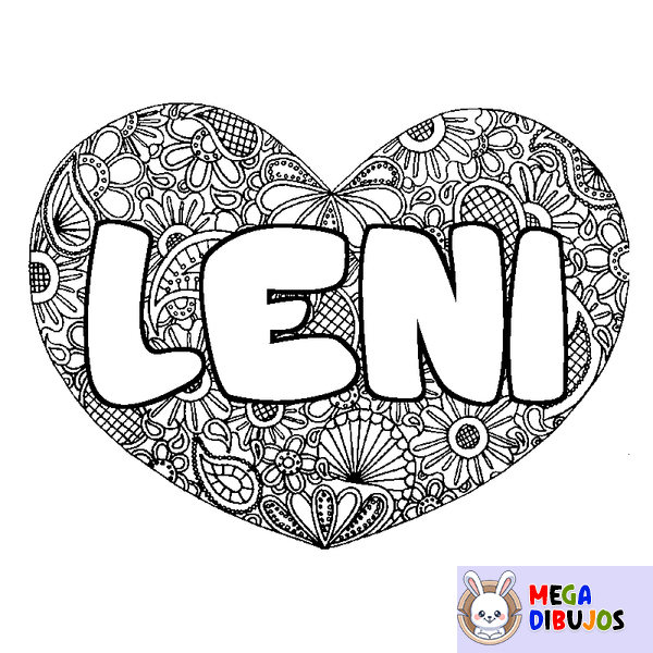 Coloraci&oacute;n del nombre LENI - decorado mandala de coraz&oacute;n