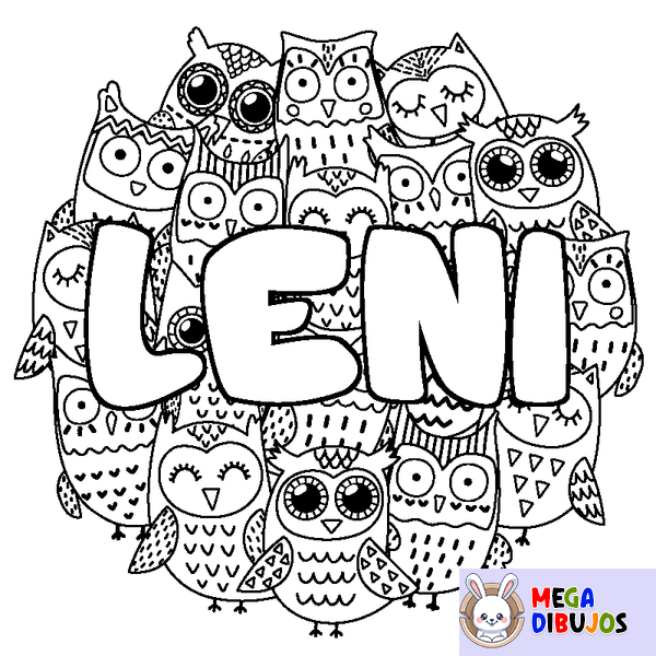 Coloraci&oacute;n del nombre LENI - decorado b&uacute;hos