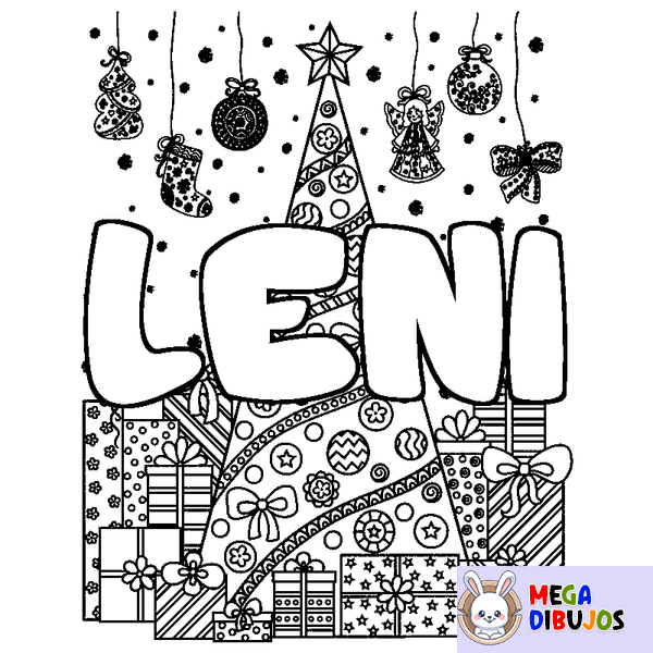 Coloraci&oacute;n del nombre LENI - decorado &aacute;rbol de Navidad y regalos