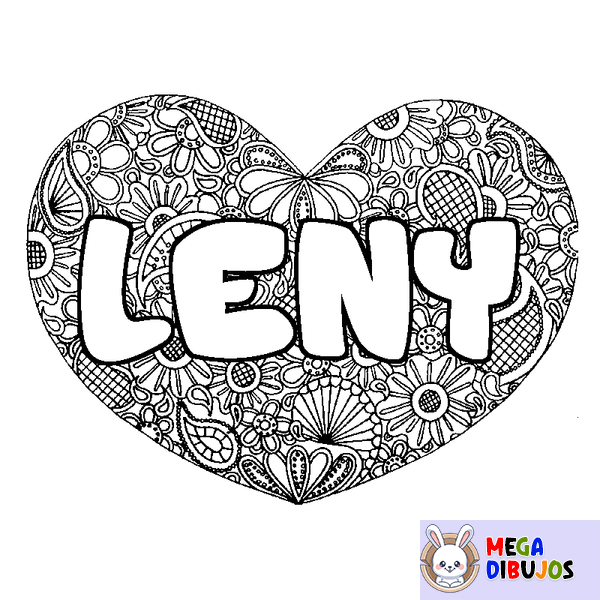 Coloraci&oacute;n del nombre LENY - decorado mandala de coraz&oacute;n