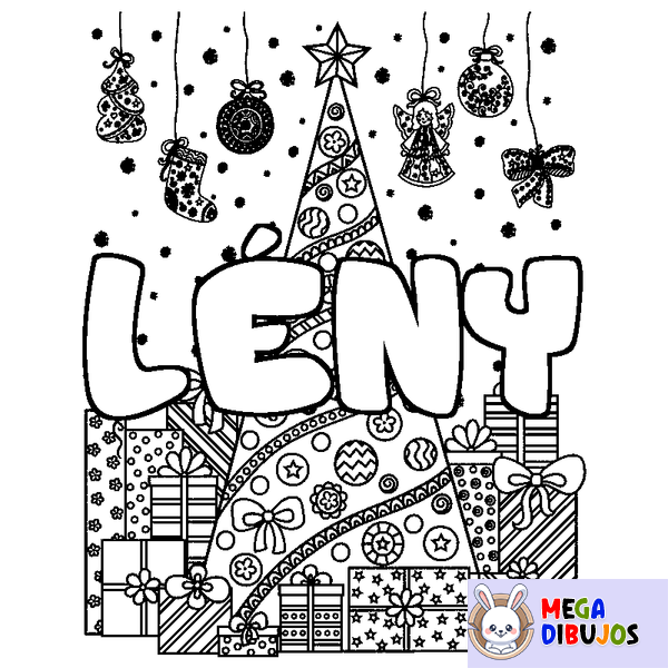 Coloraci&oacute;n del nombre L&Eacute;NY - decorado &aacute;rbol de Navidad y regalos