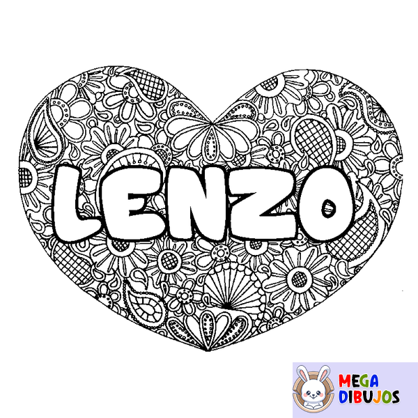 Coloraci&oacute;n del nombre LENZO - decorado mandala de coraz&oacute;n