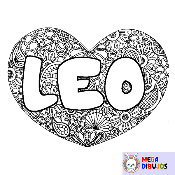 Coloraci&oacute;n del nombre LEO - decorado mandala de coraz&oacute;n