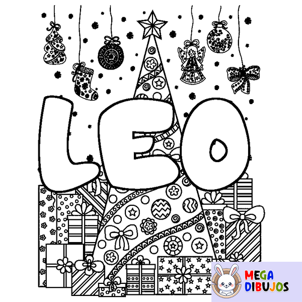 Coloraci&oacute;n del nombre LEO - decorado &aacute;rbol de Navidad y regalos