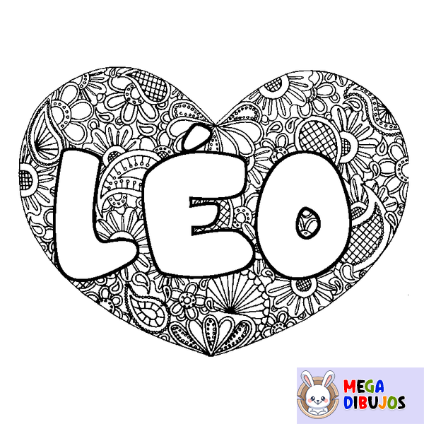 Coloraci&oacute;n del nombre L&Eacute;O - decorado mandala de coraz&oacute;n