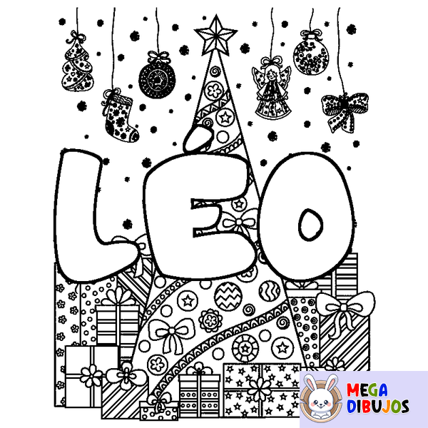Coloraci&oacute;n del nombre L&Eacute;O - decorado &aacute;rbol de Navidad y regalos