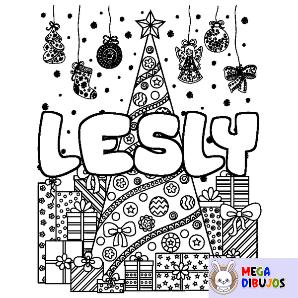 Coloraci&oacute;n del nombre LESLY - decorado &aacute;rbol de Navidad y regalos