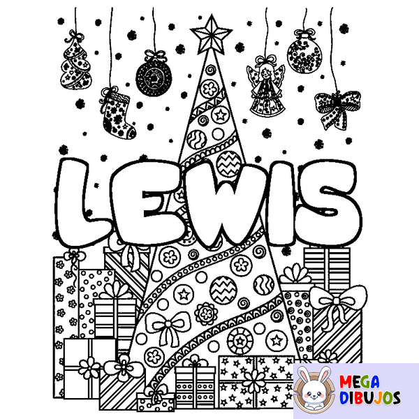 Coloraci&oacute;n del nombre LEWIS - decorado &aacute;rbol de Navidad y regalos