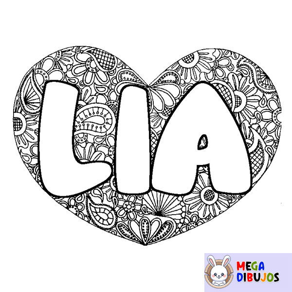 Coloraci&oacute;n del nombre LIA - decorado mandala de coraz&oacute;n