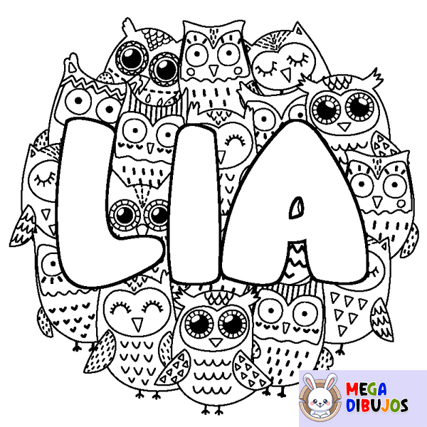 Coloraci&oacute;n del nombre LIA - decorado b&uacute;hos