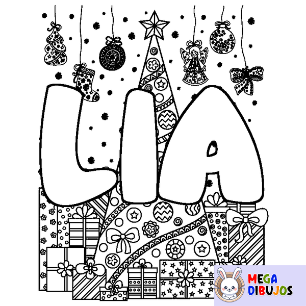Coloraci&oacute;n del nombre LIA - decorado &aacute;rbol de Navidad y regalos