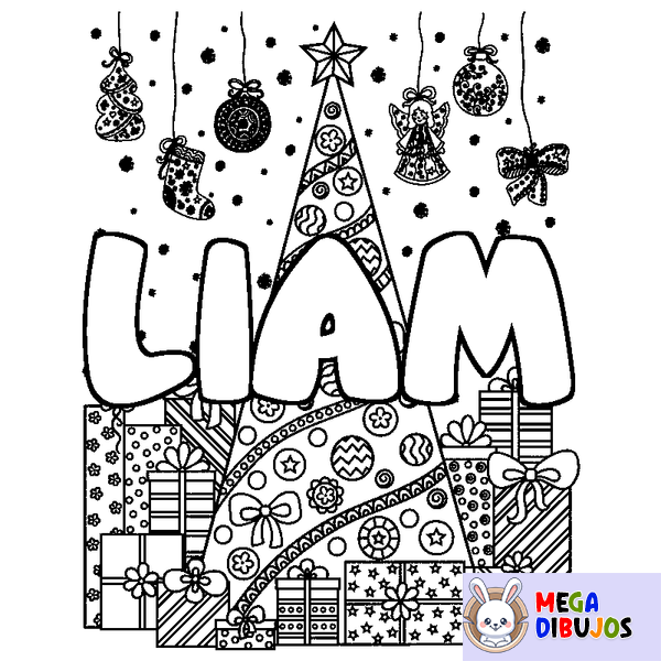 Coloraci&oacute;n del nombre LIAM - decorado &aacute;rbol de Navidad y regalos