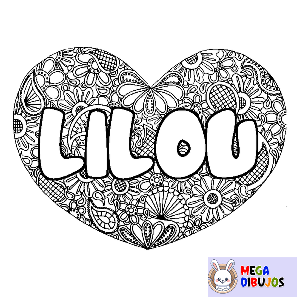 Coloraci&oacute;n del nombre LILOU - decorado mandala de coraz&oacute;n