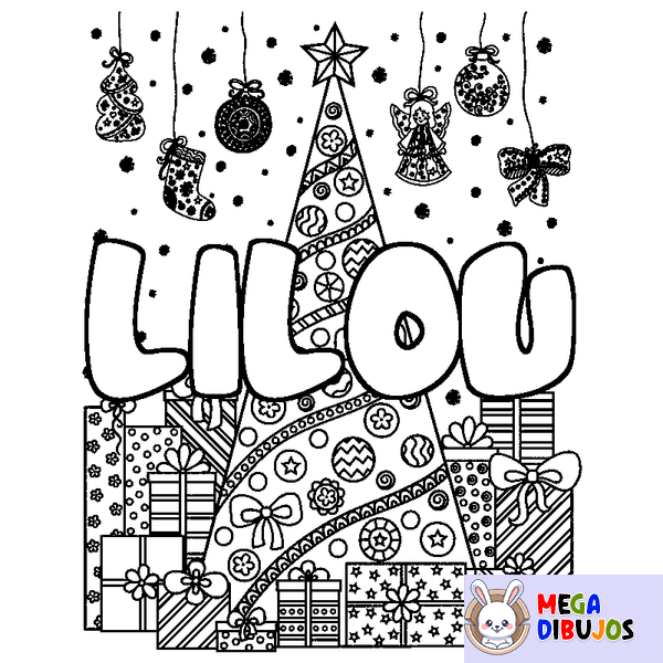 Coloraci&oacute;n del nombre LILOU - decorado &aacute;rbol de Navidad y regalos