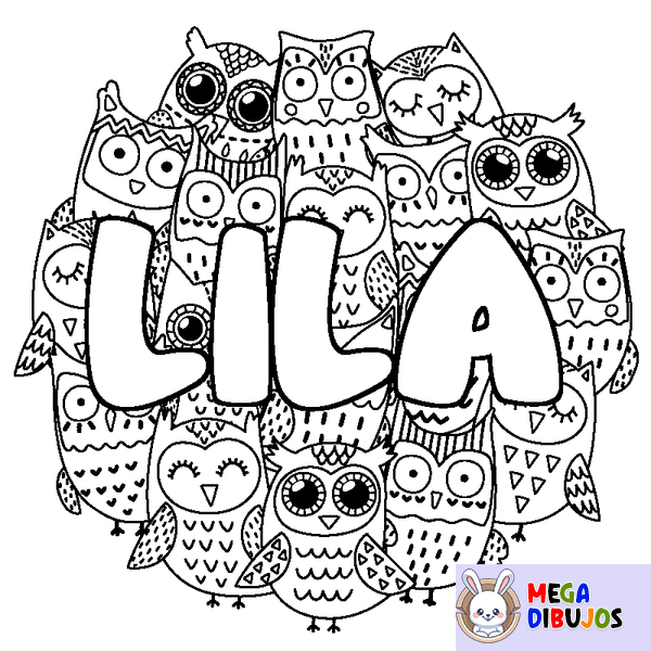 Coloraci&oacute;n del nombre LILA - decorado b&uacute;hos