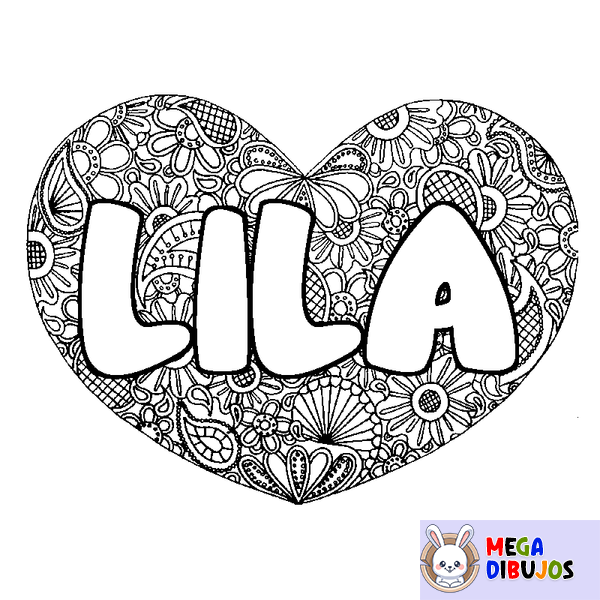 Coloraci&oacute;n del nombre LILA - decorado mandala de coraz&oacute;n
