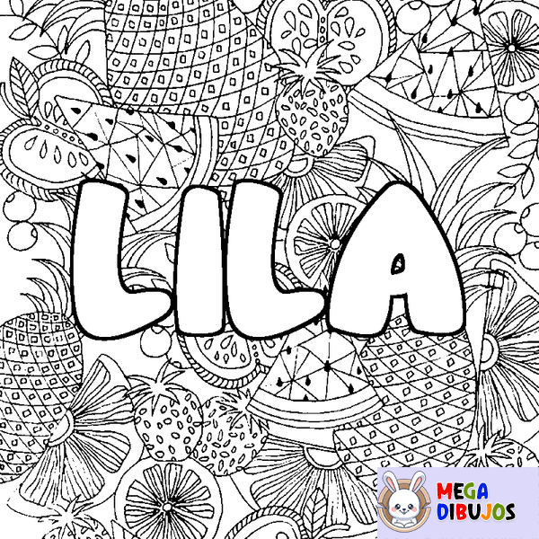 Coloraci&oacute;n del nombre LILA - decorado mandala de frutas