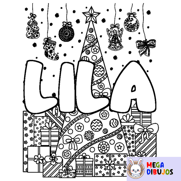 Coloraci&oacute;n del nombre LILA - decorado &aacute;rbol de Navidad y regalos