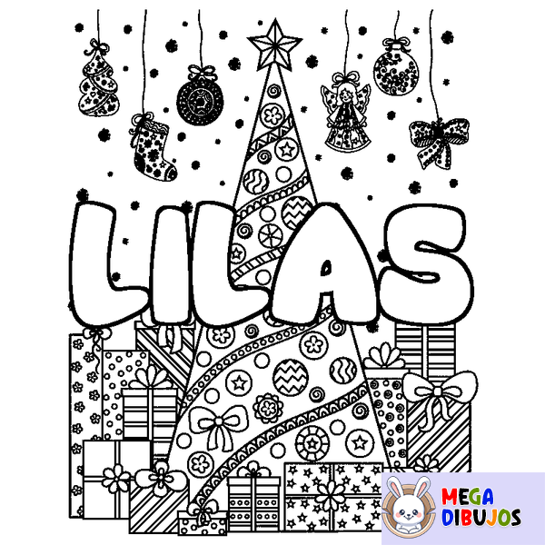 Coloraci&oacute;n del nombre LILAS - decorado &aacute;rbol de Navidad y regalos