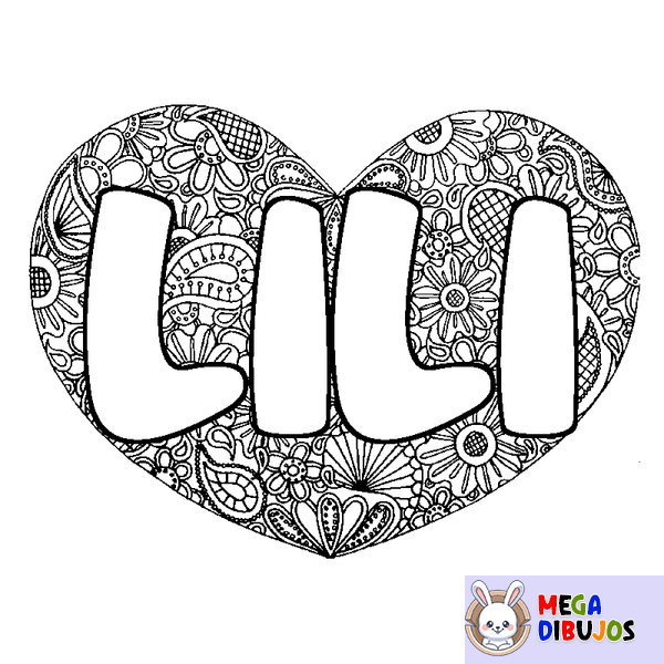 Coloraci&oacute;n del nombre LILI - decorado mandala de coraz&oacute;n