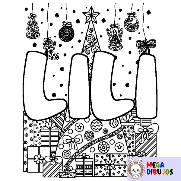Coloraci&oacute;n del nombre LILI - decorado &aacute;rbol de Navidad y regalos