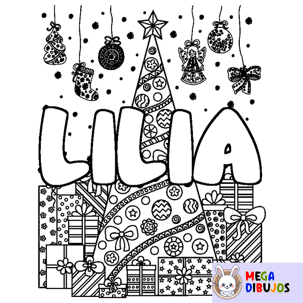 Coloraci&oacute;n del nombre LILIA - decorado &aacute;rbol de Navidad y regalos