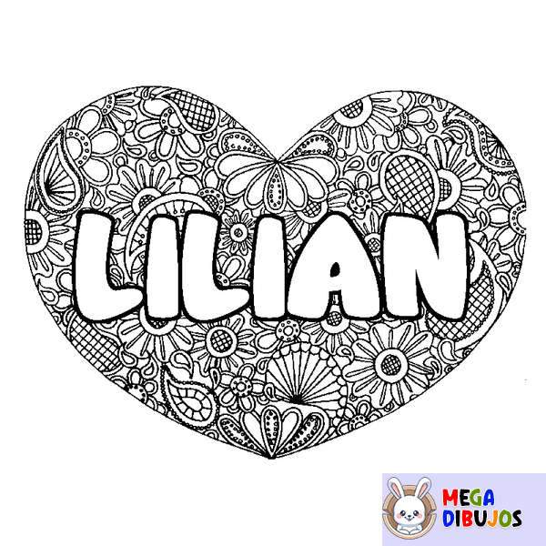 Coloraci&oacute;n del nombre LILIAN - decorado mandala de coraz&oacute;n