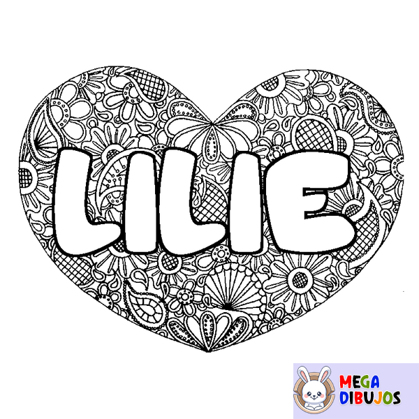 Coloraci&oacute;n del nombre LILIE - decorado mandala de coraz&oacute;n