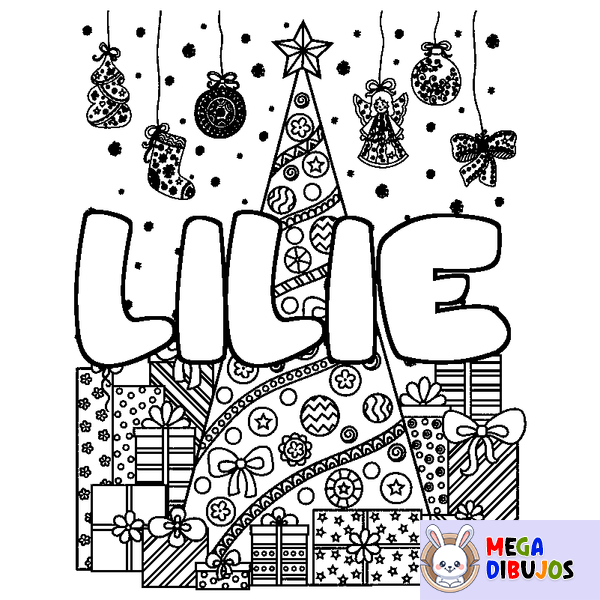 Coloraci&oacute;n del nombre LILIE - decorado &aacute;rbol de Navidad y regalos